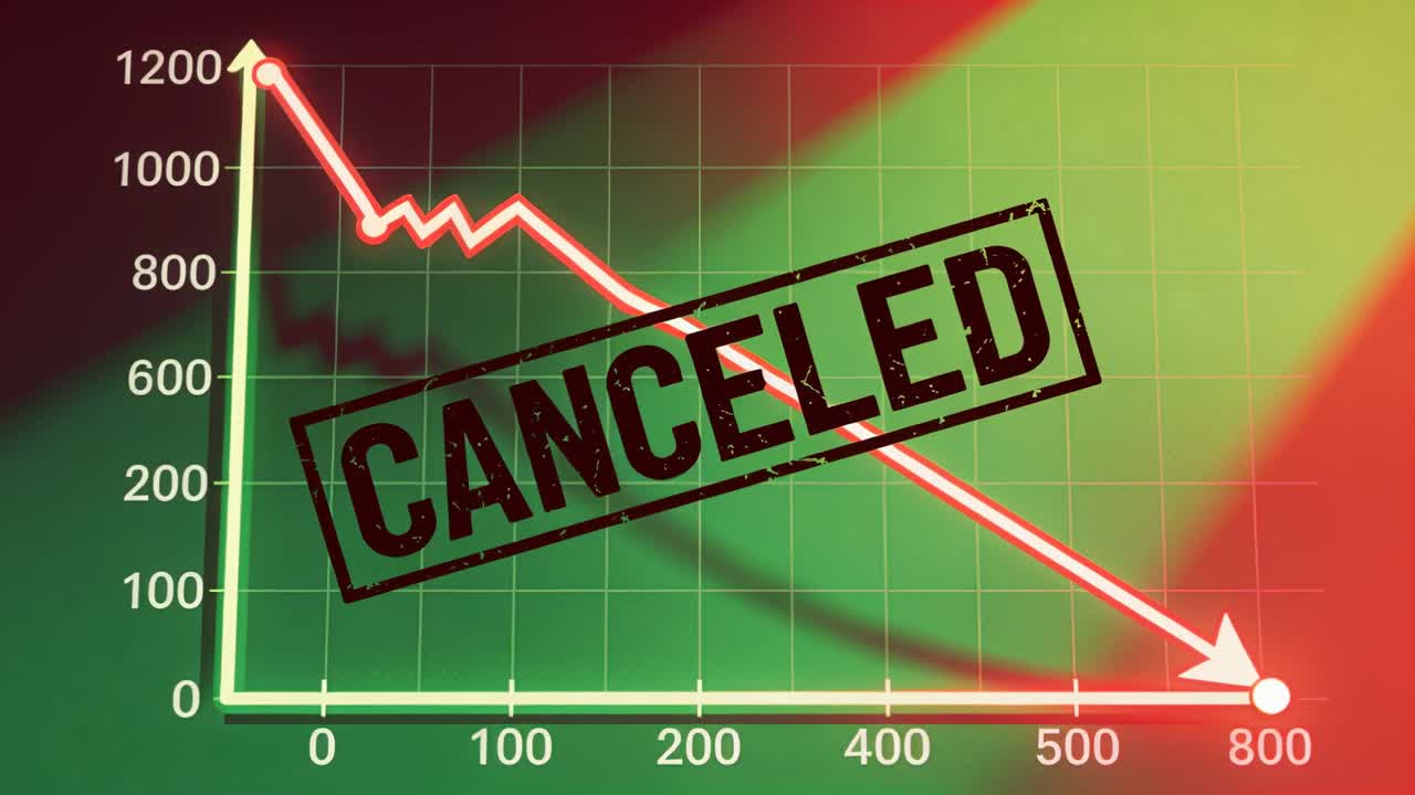 Video verticale: Linea rossa del grafico che parte da sinistra e scende su un grafico finanziario, segnalando ANNULLATO e un punto.