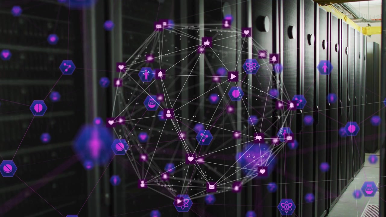 Sfera di rete wireframe che appare in un corridoio di un datacenter, raccogliendo icone e mappando dati.