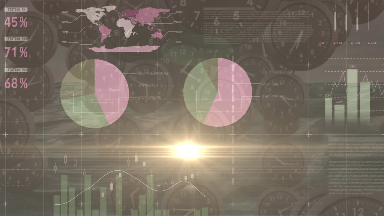 배경의 바다에 대해 떨어지는 시계 위에 인포그래픽 인터페이스의 애니메이션