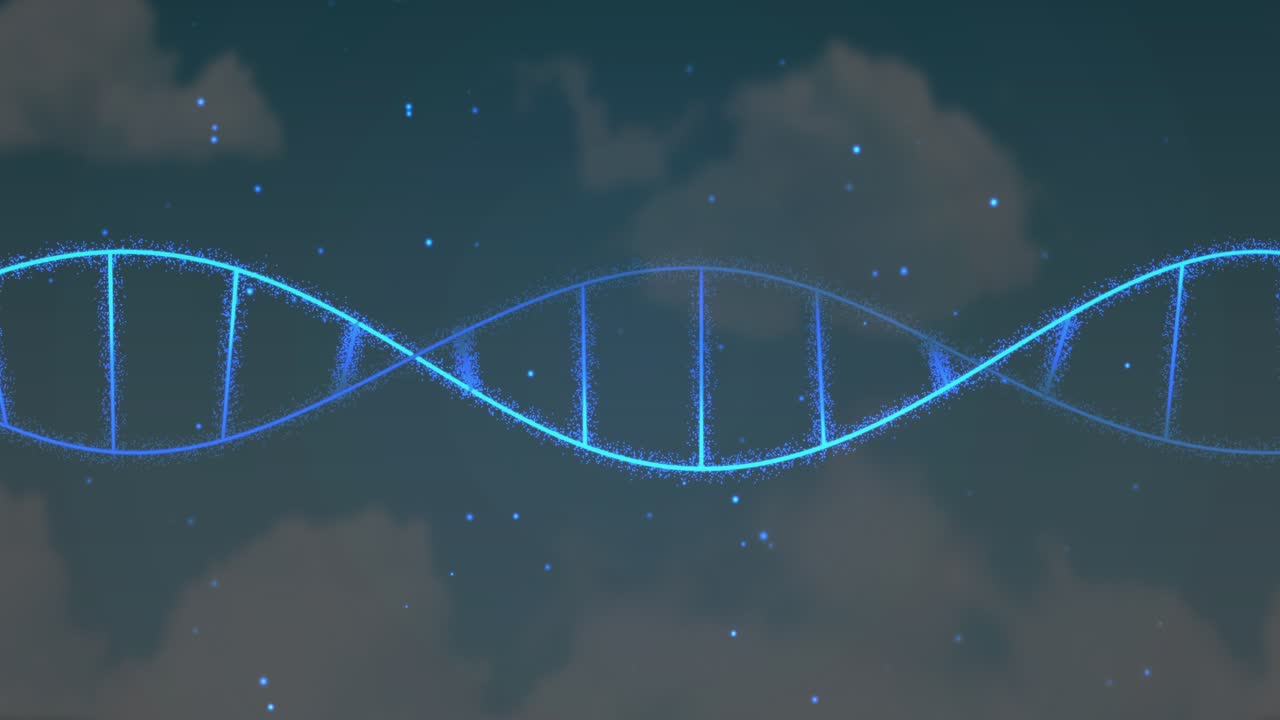 Untai kiri muncul dan menyapu ke tengah, untai kedua muncul dan membentuk DNA, anak tangga berdenyut.