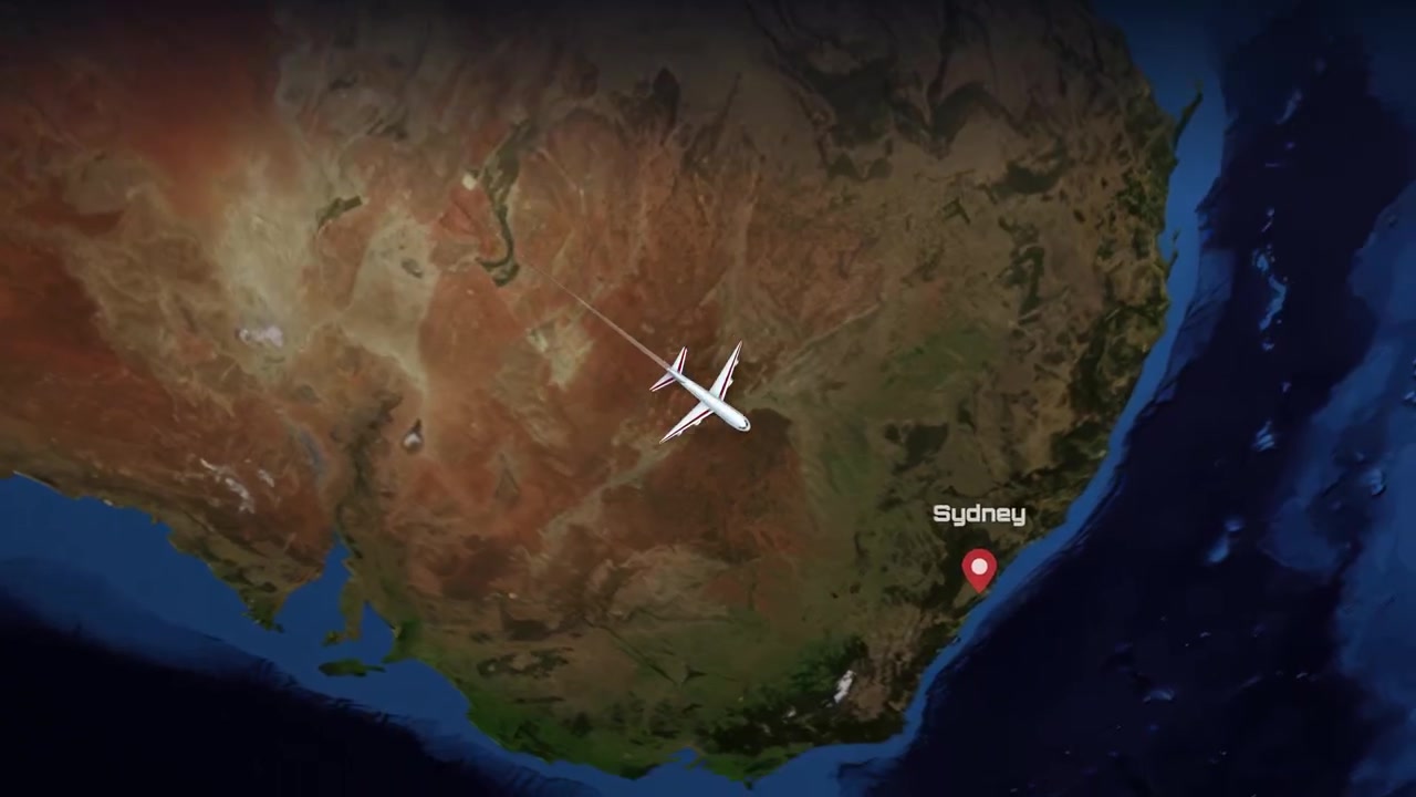 A commercial airplane flies across a realistic 3D globe from Munich to Sydney with labels