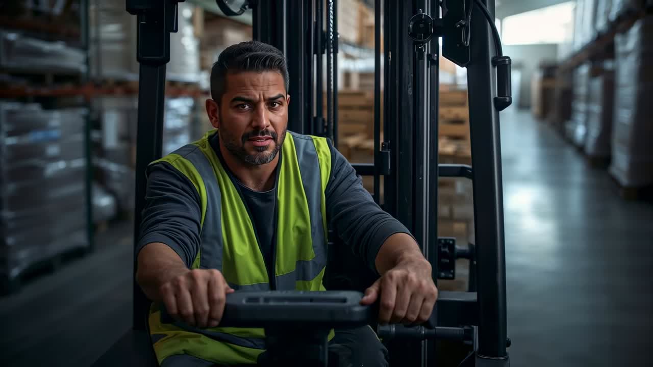 Gripping controls, operator wearing safety vest driving pallet lift down long aisle, moving goods