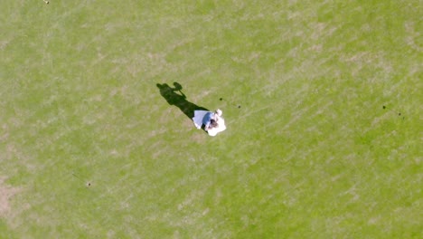 newlywed couple slowly dancing alone on green lawn, overhead view