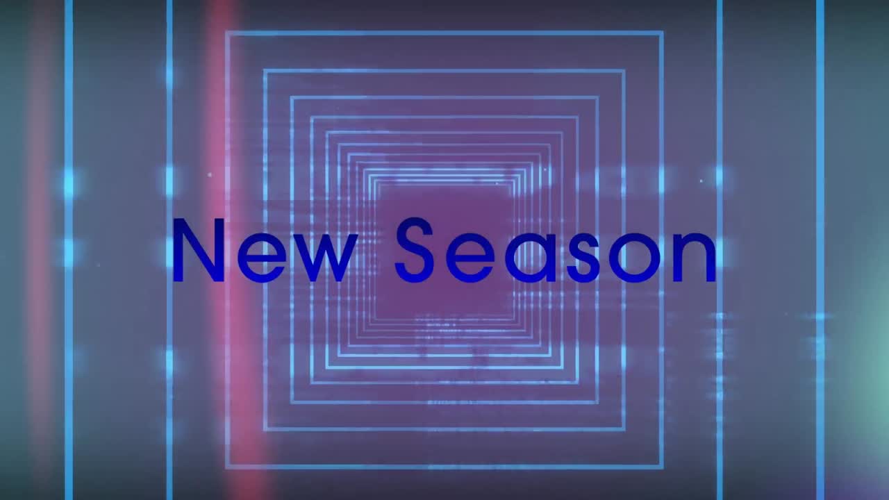 새 시즌 텍스트 배너의 애니메이션은 빛의 반점과 사각형 모양에 대해 원활한 패턴으로