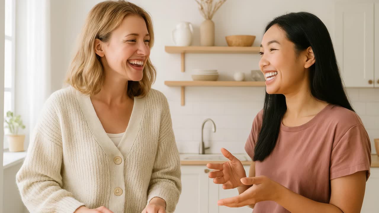 Due donne chiacchierano vivacemente in una cucina luminosa. Inquadratura laterale della scena