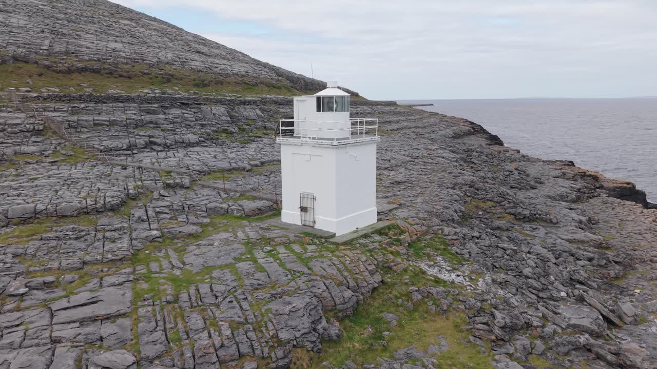 Black Head Lighthouse On Rugged, Rocky Coastline Of The Burren In County Clare, Ireland. orbiting drone shot