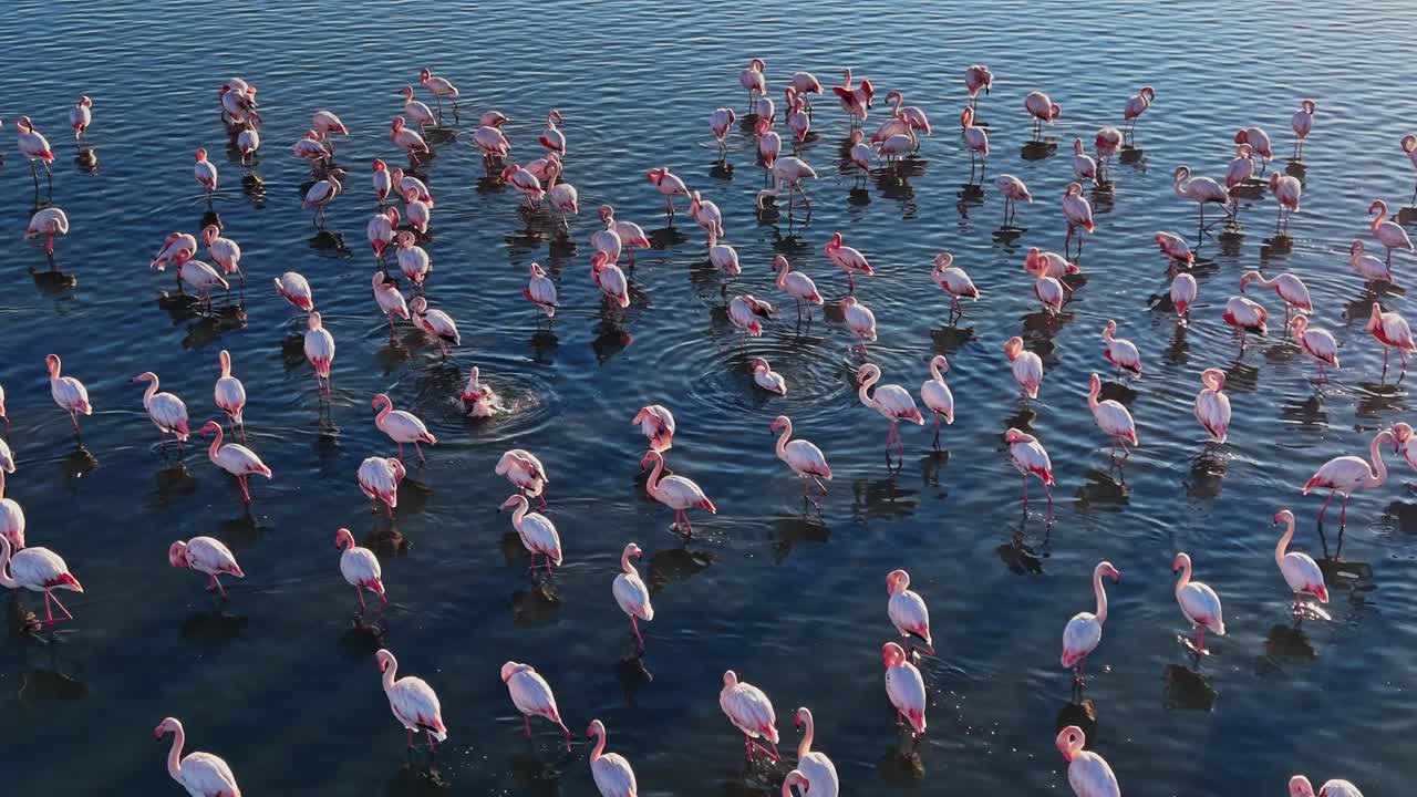 Flamingos gather in water during daytime in natural habitat