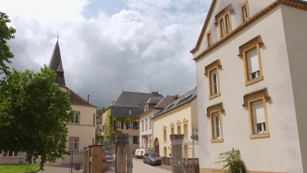 Shot of historic architecture of Schengen buildings in Luxembourg during daytime. Town famous for the signing of the Schengen Treaty.
