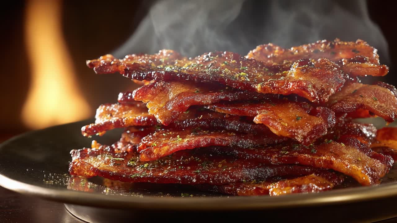 Deliciously Crispy and Smoky Bacon Stacked High on a Plate, With Steam Rising in the Air, Infusing Flavor and Aroma in a Warm Atmosphere