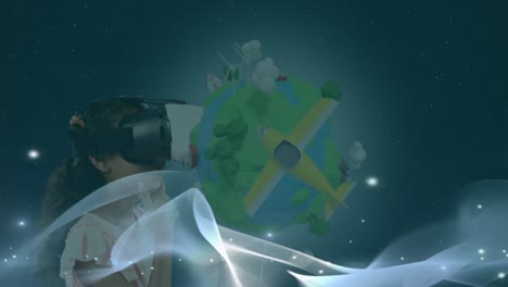 animación del globo y el avión sobre la chica afroamericana en auriculares vr
