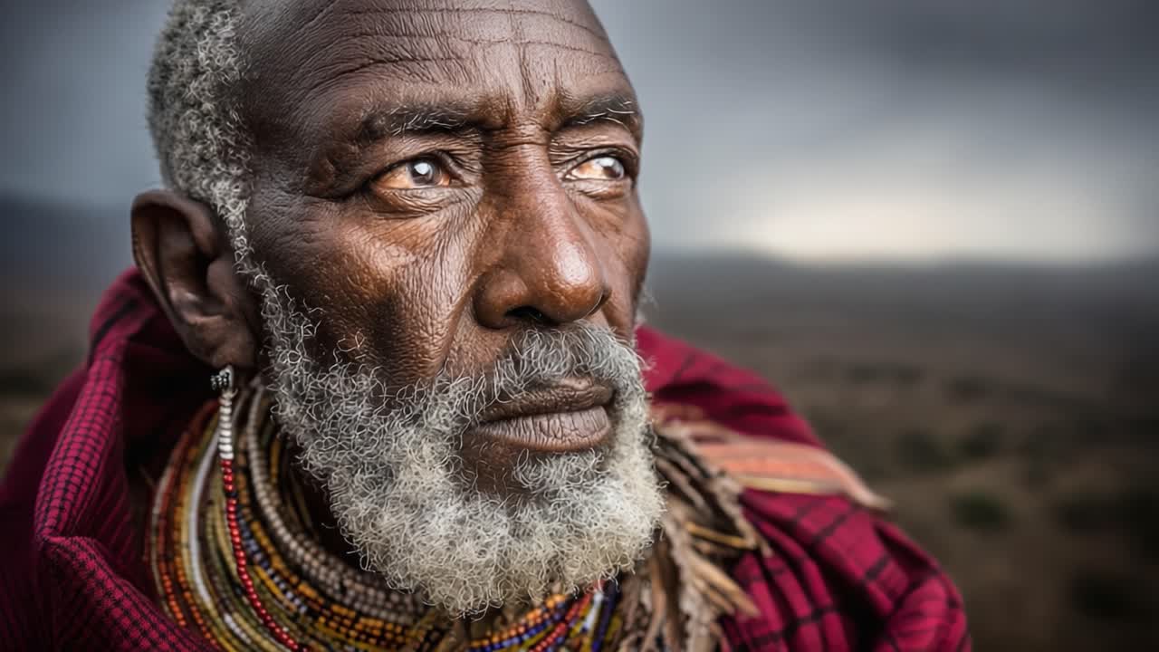 A Thoughtful Elder's Stare: Capturing the Wisdom and Resilience of a Traditional Culture through the Eyes of an Elder in a Richly Textured Landscape