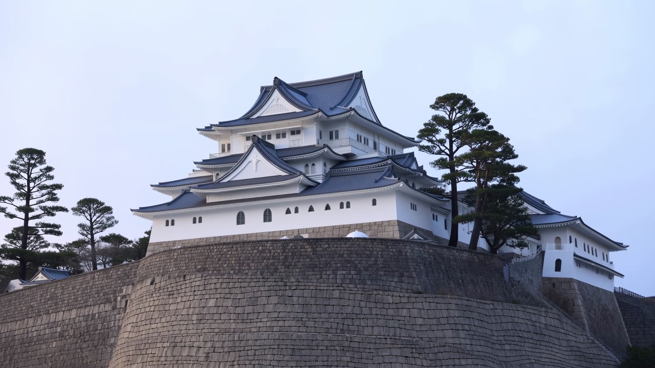 White Japanese Castle Atop Stone Ramparts At Twilight, Multitiered Tiled Roofs And Curved Eaves, Tall Pine