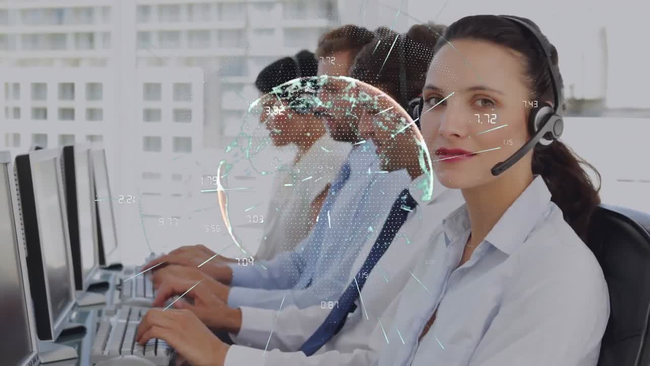 animación del globo y conexiones sobre personas de negocios que usan auriculares