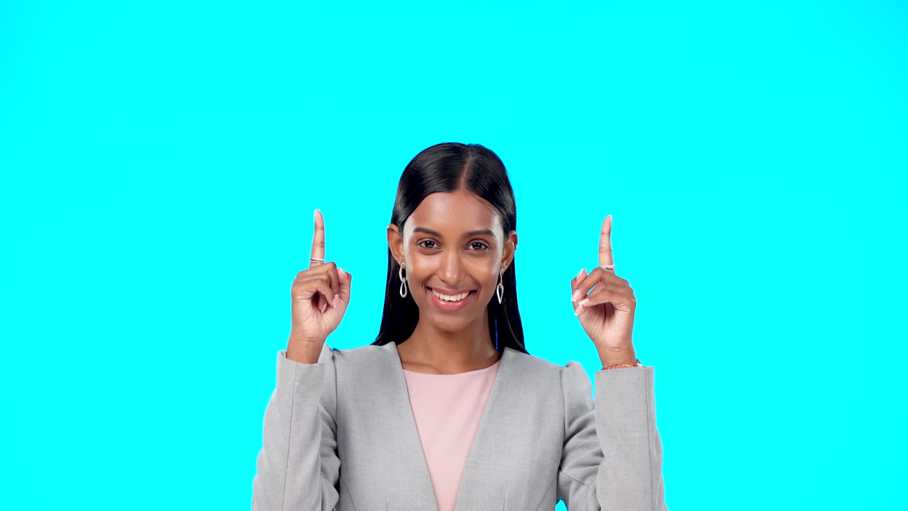 Face, employee and Indian woman pointing up