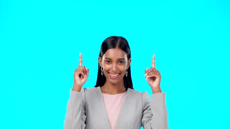 Face,-employee-and-Indian-woman-pointing-up