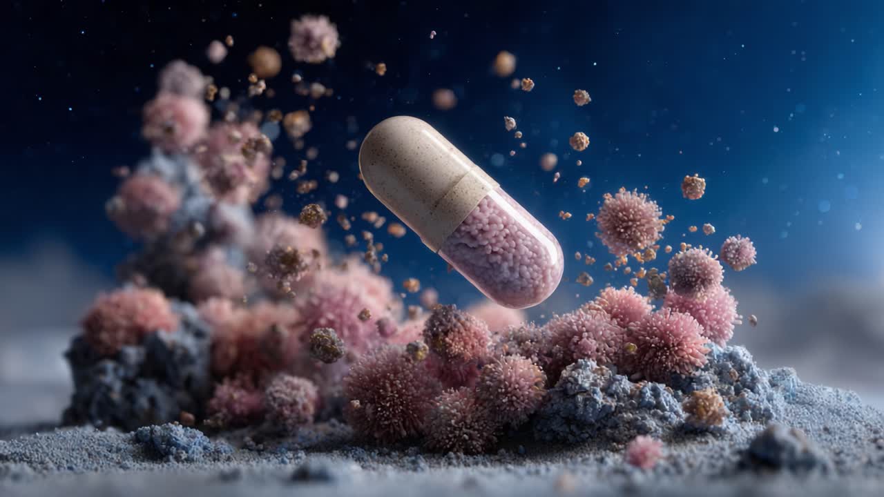 A Dramatic Visual of a Floating Capsule Surrounded by Colorful Particles, Representing Microorganisms in an Abstract and Artistic Setting
