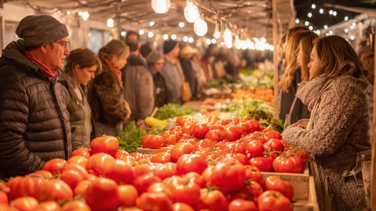 An Enchanting Evening at the Local Market: A Bustling Scene of Shoppers and Fresh Produce Under Warm Lights with Abundant Red Tomatoes on Display