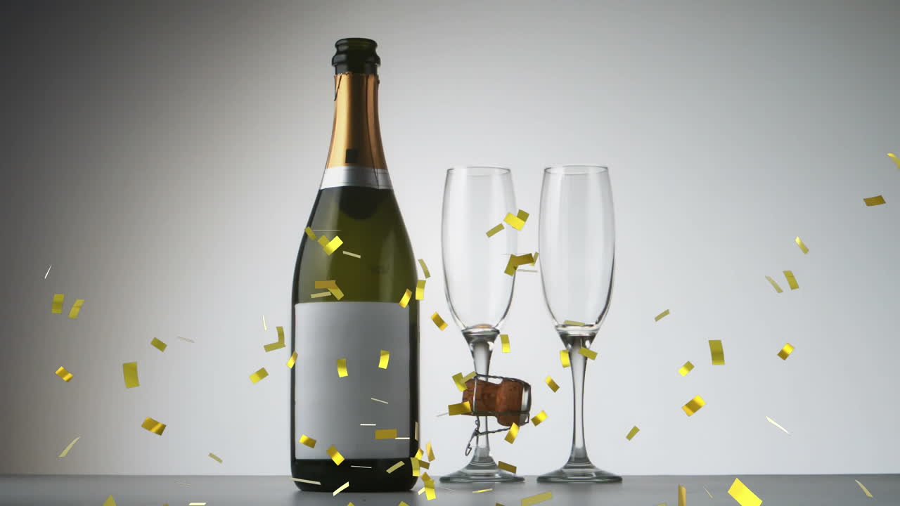 Animazione di coriandoli dorati che cadono su bicchieri di champagne