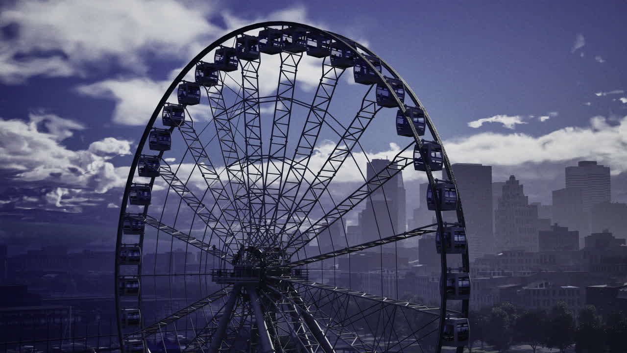 City skyline features a large ferris wheel during dusk with clouds