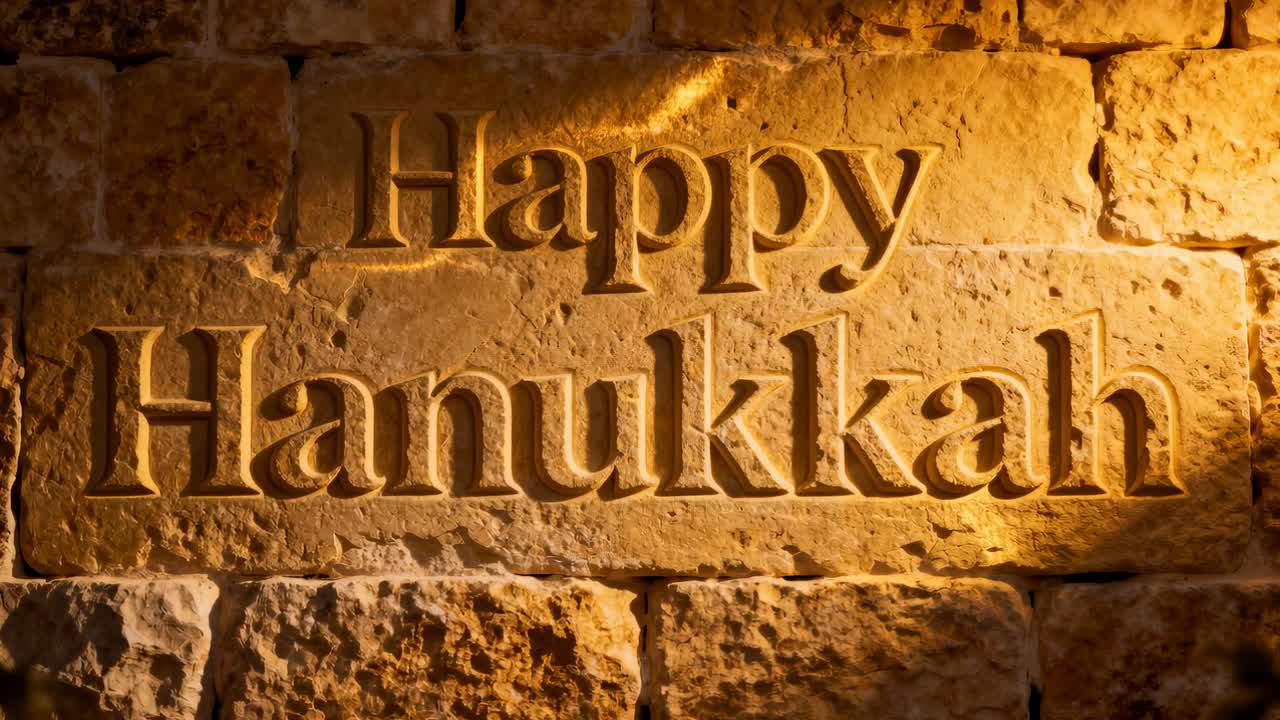 Moving amber spotlight shifting over engraved Happy Hanukkah stone band, revealing carved grooves