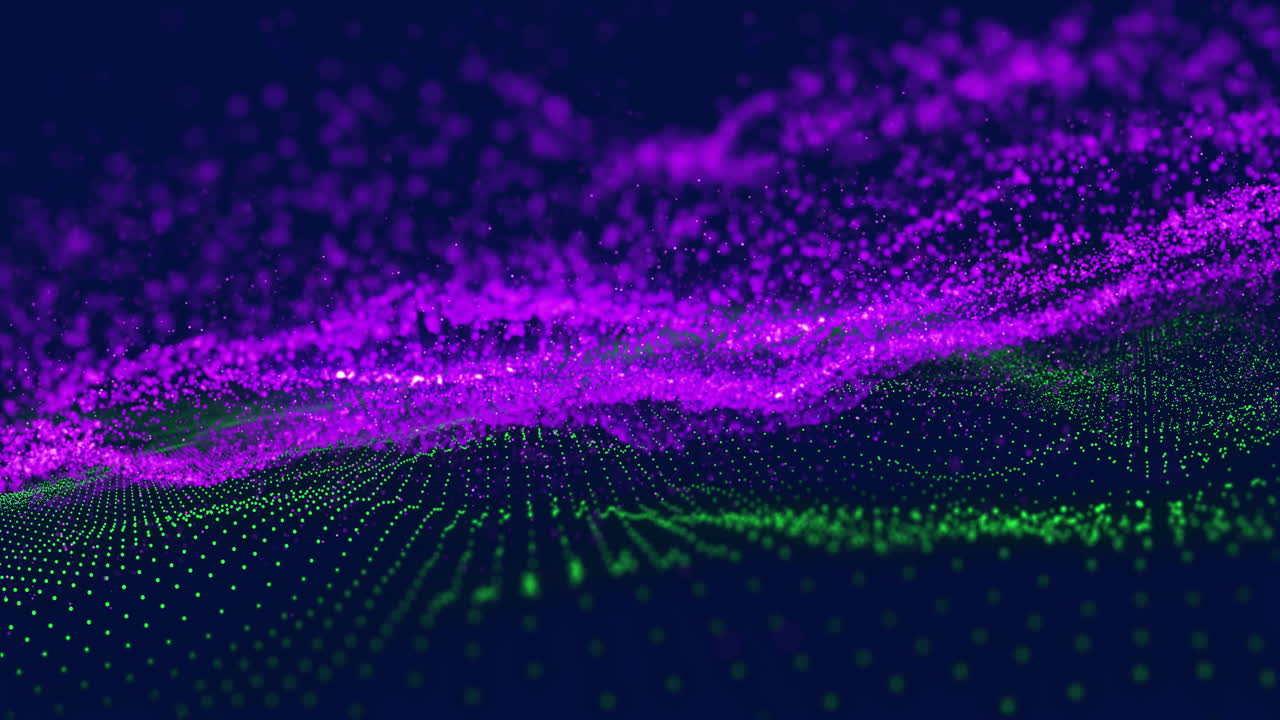 Purple and green particle waves moving over dark background
