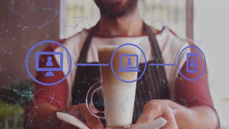 animation of network of connections with icons over caucasian man holding coffee