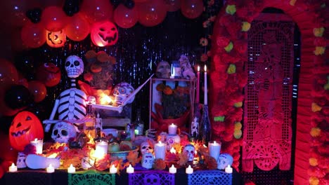 Ofrendas-De-Altar-Del-Día-De-Muertos-Con-Luces-Azules-Y-Rojas,-Establecidor