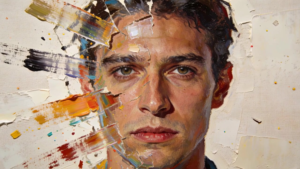 Artista che raschia la spatola, applicando l'impasto sulla testa maschile con un colletto color ottanio su una tela da studio.