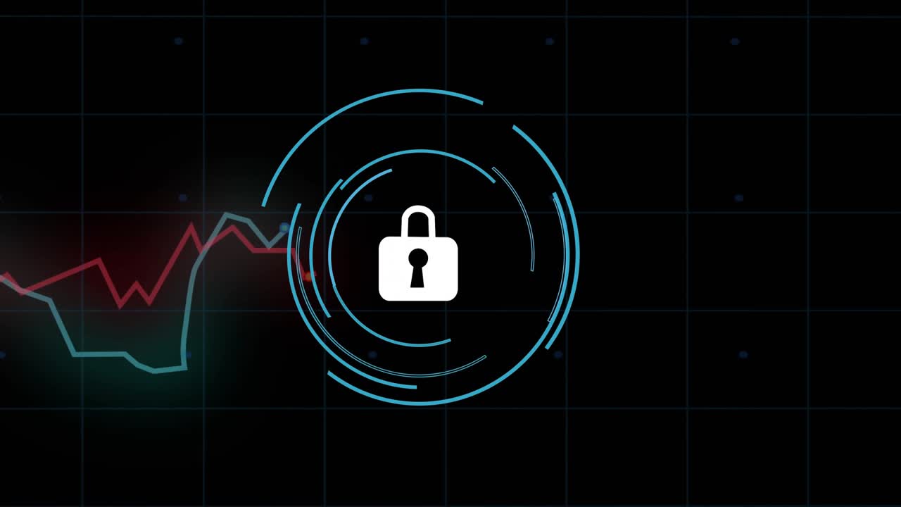 Outline emerging triggers white padlock fading, rings rotating, charts moving for security progress