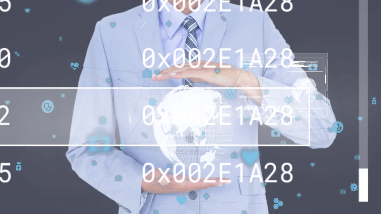 지구를 가진 코카시안 사업가 여성에 대한 데이터 처리 애니메이션