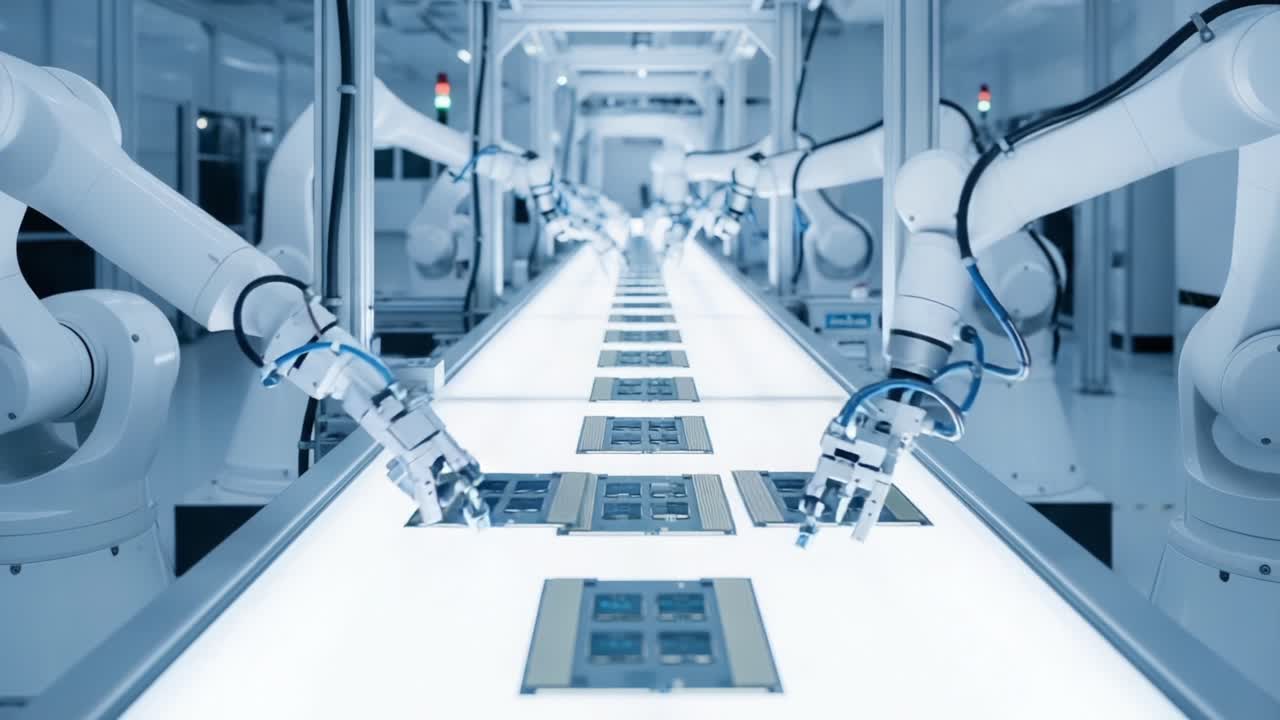 Advanced Robotics in Action: Automated Assembly Line Featuring Precision Robotic Arms Handling Components in a High-Tech Manufacturing Environment