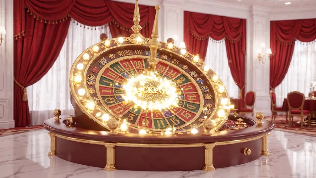 Una maestosa ruota della roulette esposta elegantemente in una stanza lussuosa con ricchi drappeggi rossi e un arredamento opulento, perfetta per l'emozione del gioco d'azzardo ad alte poste.