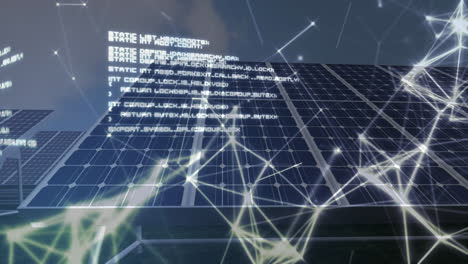 Animation-of-network-connection-and-data-processing-over-solar-panels