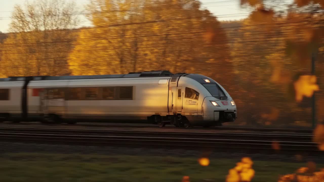 Video of a high-speed train captured at a low angle, blurred motion with autumn leaves