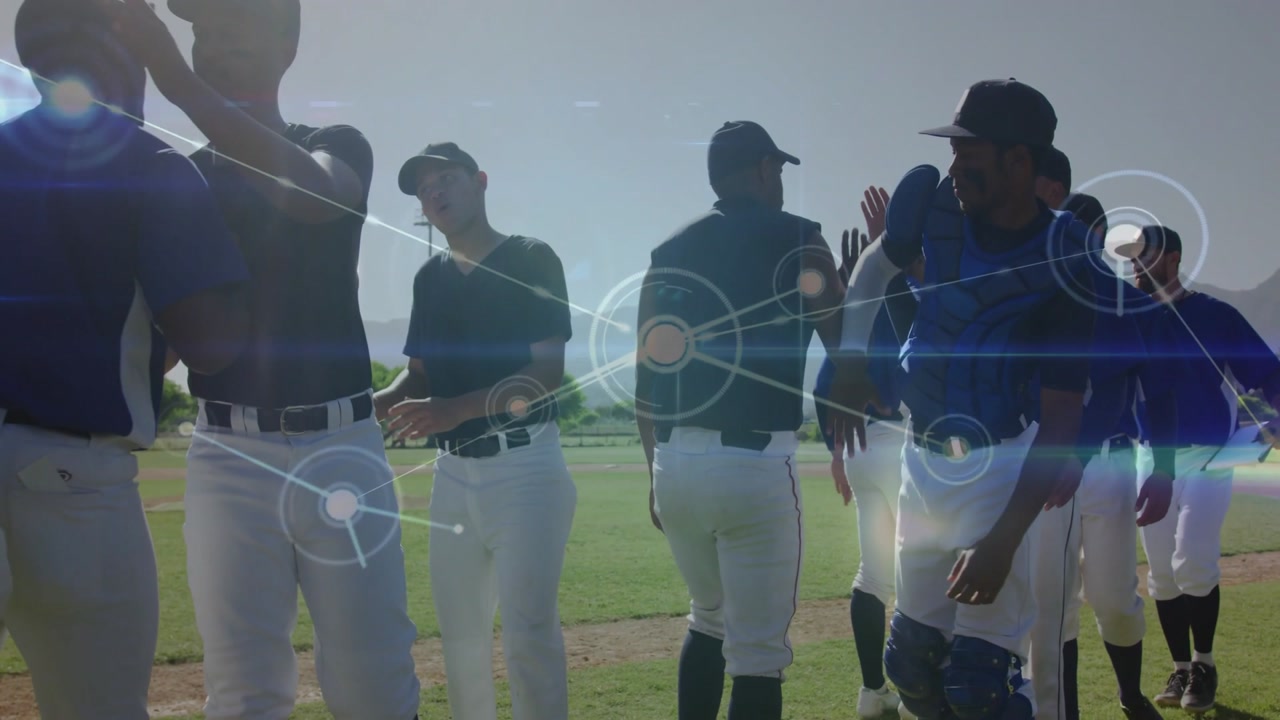 Baseball team walking postgame sharing high-fives transparent overlay growing linking teammates