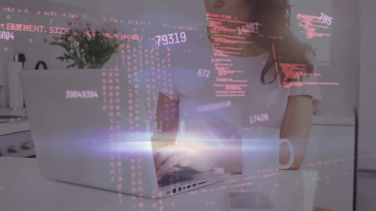 Animation of data processing over caucasian woman using laptop