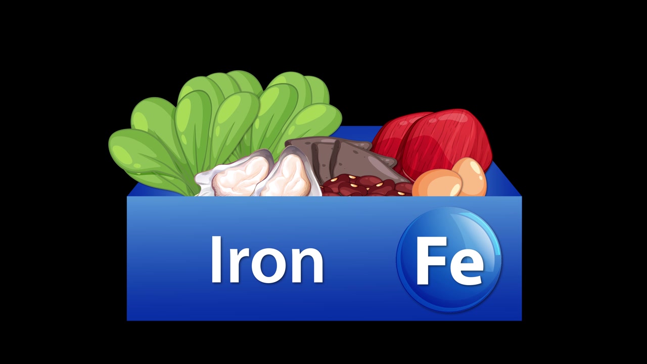Blue iron supplement box fills with iron rich foods in smooth, bright 2D animation