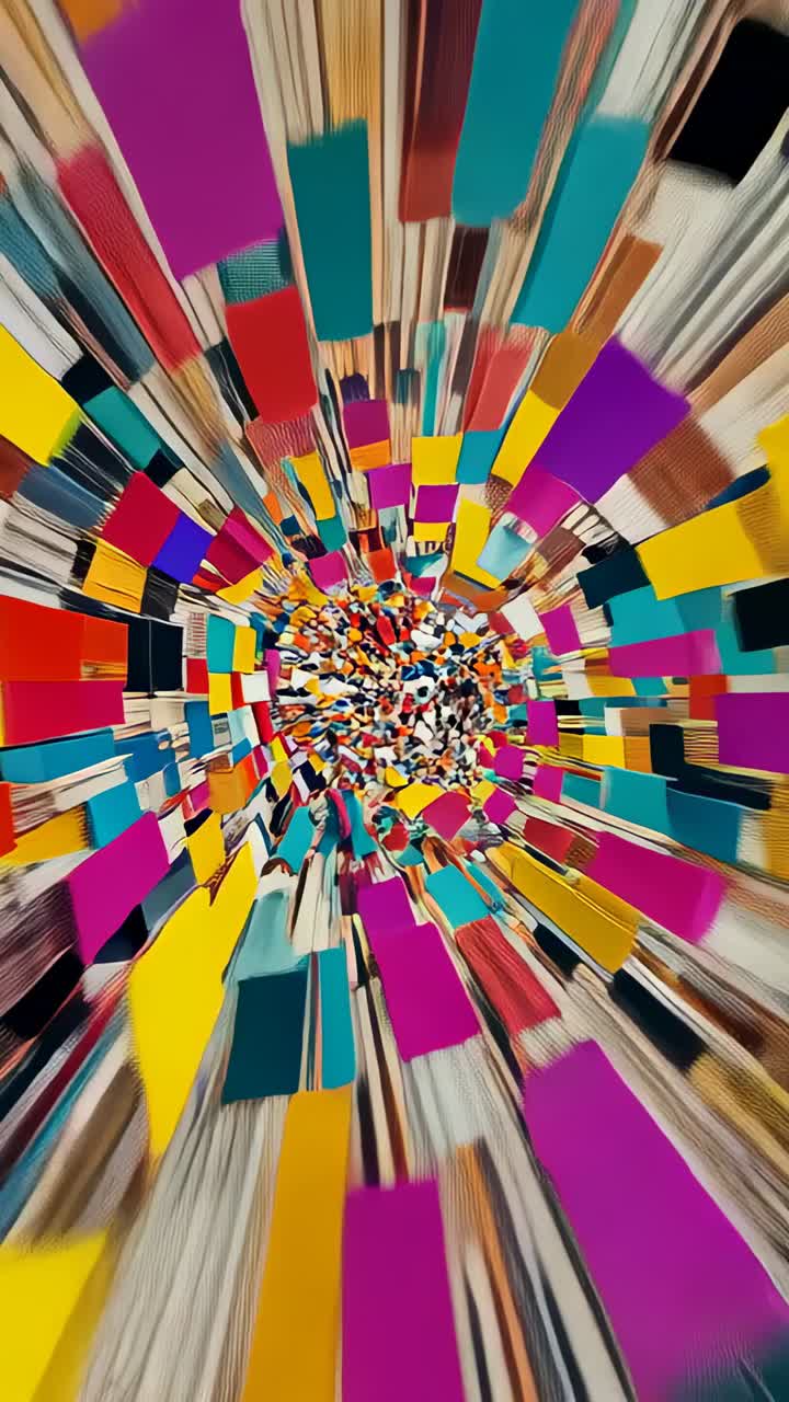 Vertical video: Camera moving forward into swirling vortex of bright blocks, creating tunnel effect