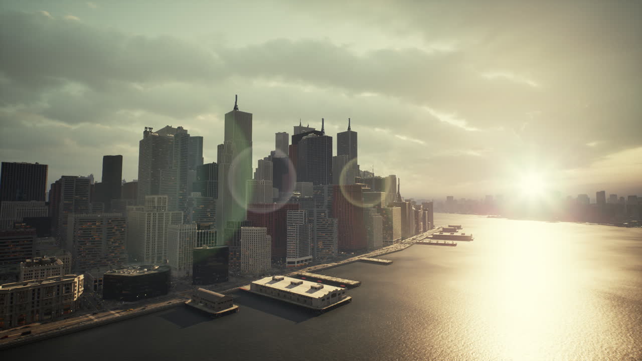Aerial View of a City Skyline at Sunrise/Sunset