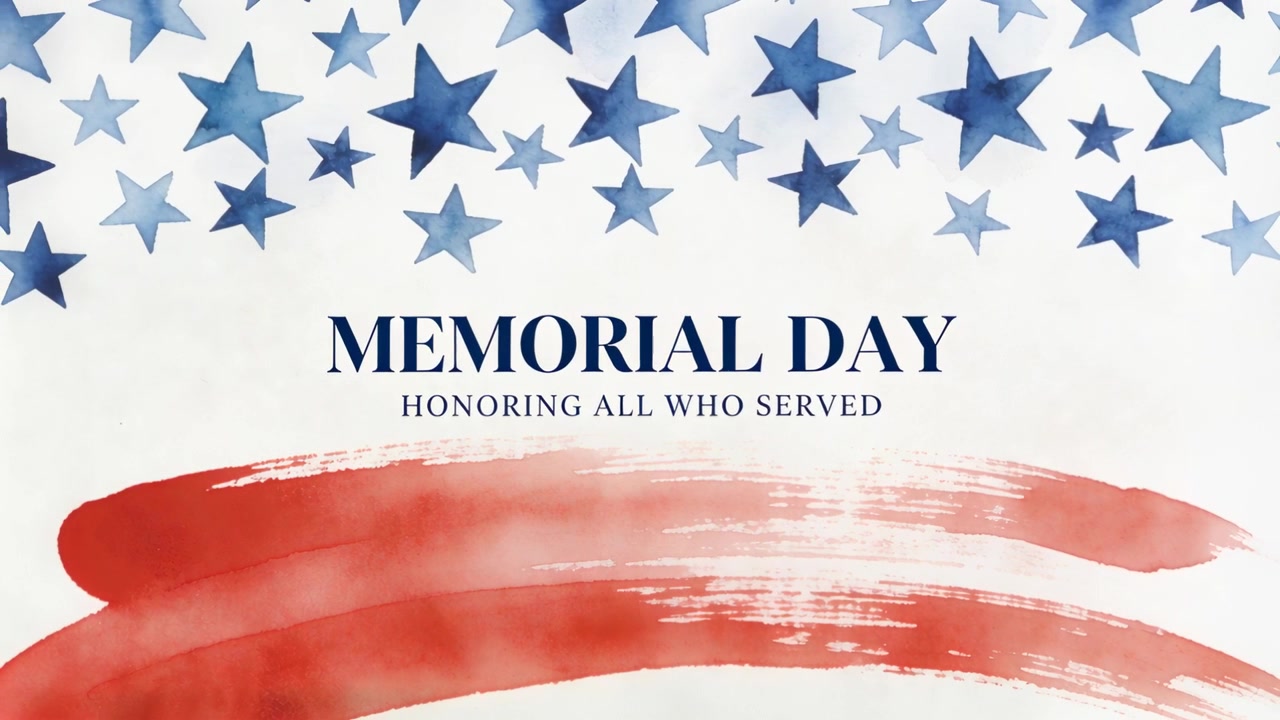 Animating MEMORIAL DAY title, forming red strokes on cream with blue stars, honoring all who served