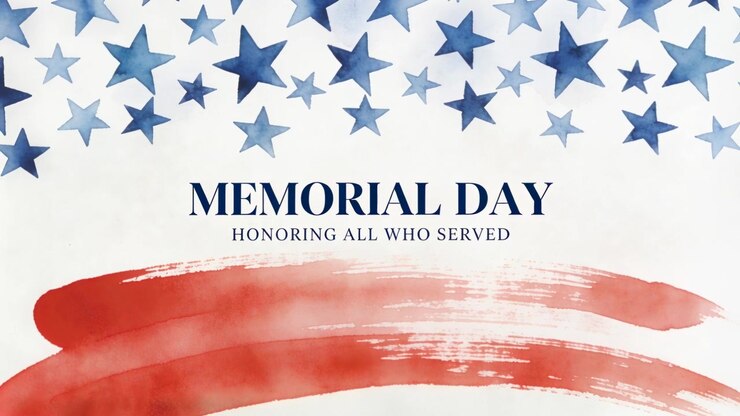 Animating MEMORIAL DAY title, forming red strokes on cream with blue stars, honoring all who served