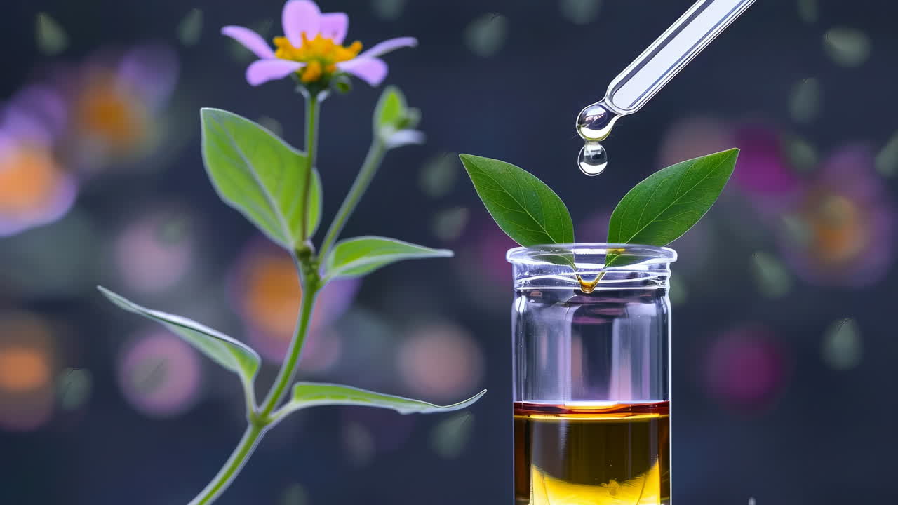 Extracting oils from plants. A glass vial holds oil while a dropper adds liquid to plant leaves
