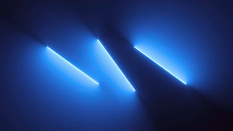 4k looping 3d animation, abstract neon background with rotating glowing lines. dark wall illuminated with blue luminescent lamps