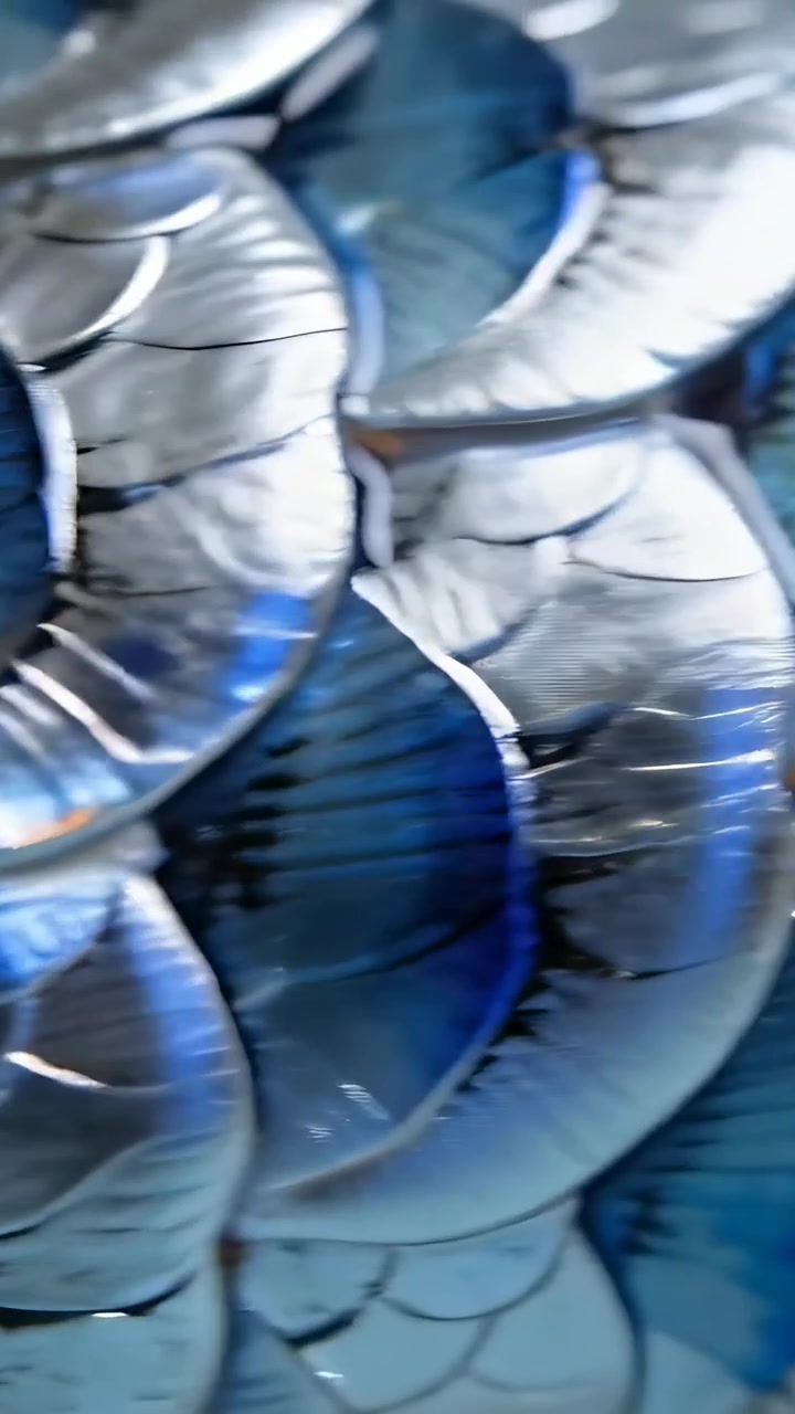 Vertical video: Panning camera showing iridescent disc mosaic in macro, revealing layered structure