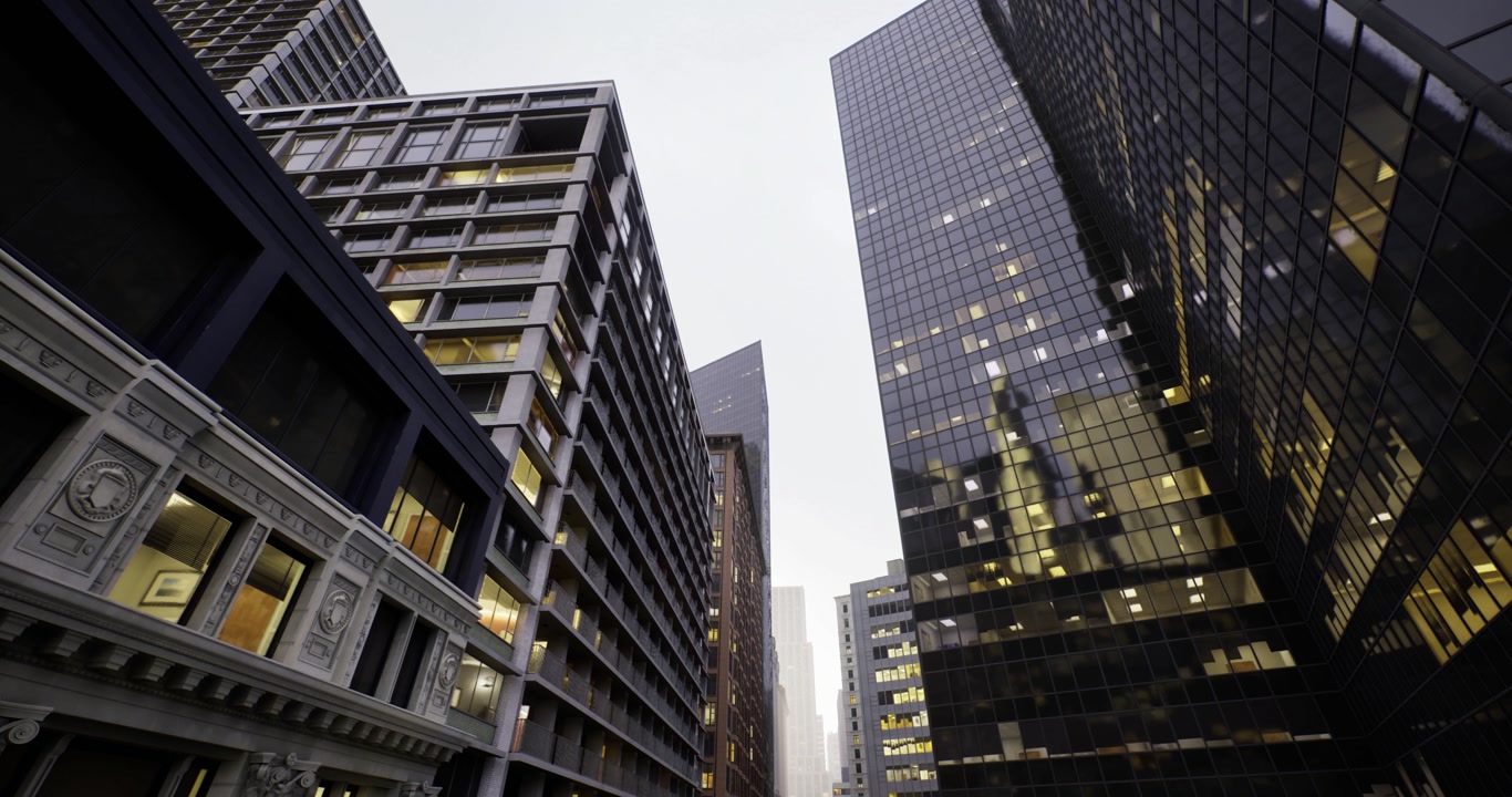 Reflections and tall structures depict energetic city transit stories