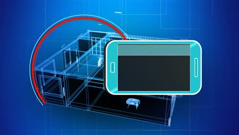 animación de un teléfono inteligente con una red de iconos sobre una casa giratoria