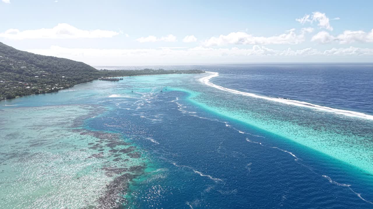 Moorea Island, French Polynesia. Drone Shot of Stunning Lagoon, Coral Reef Barrier and Coast