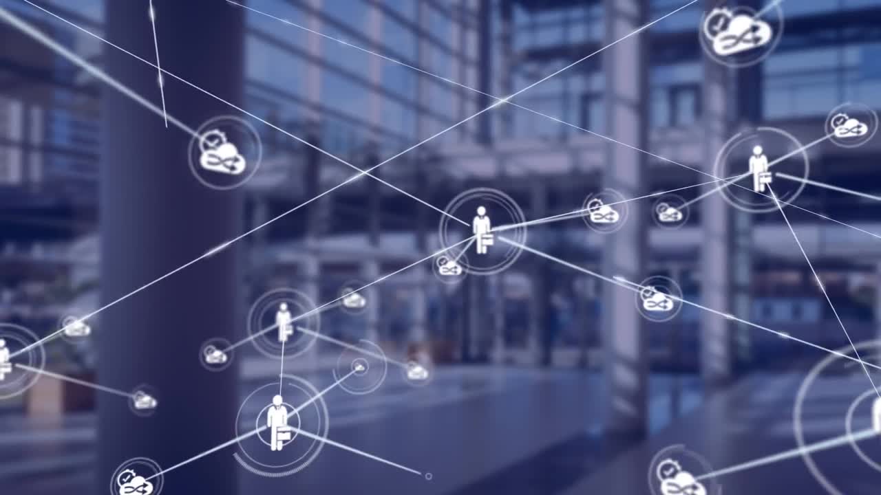 Animation of business icons over cityscape