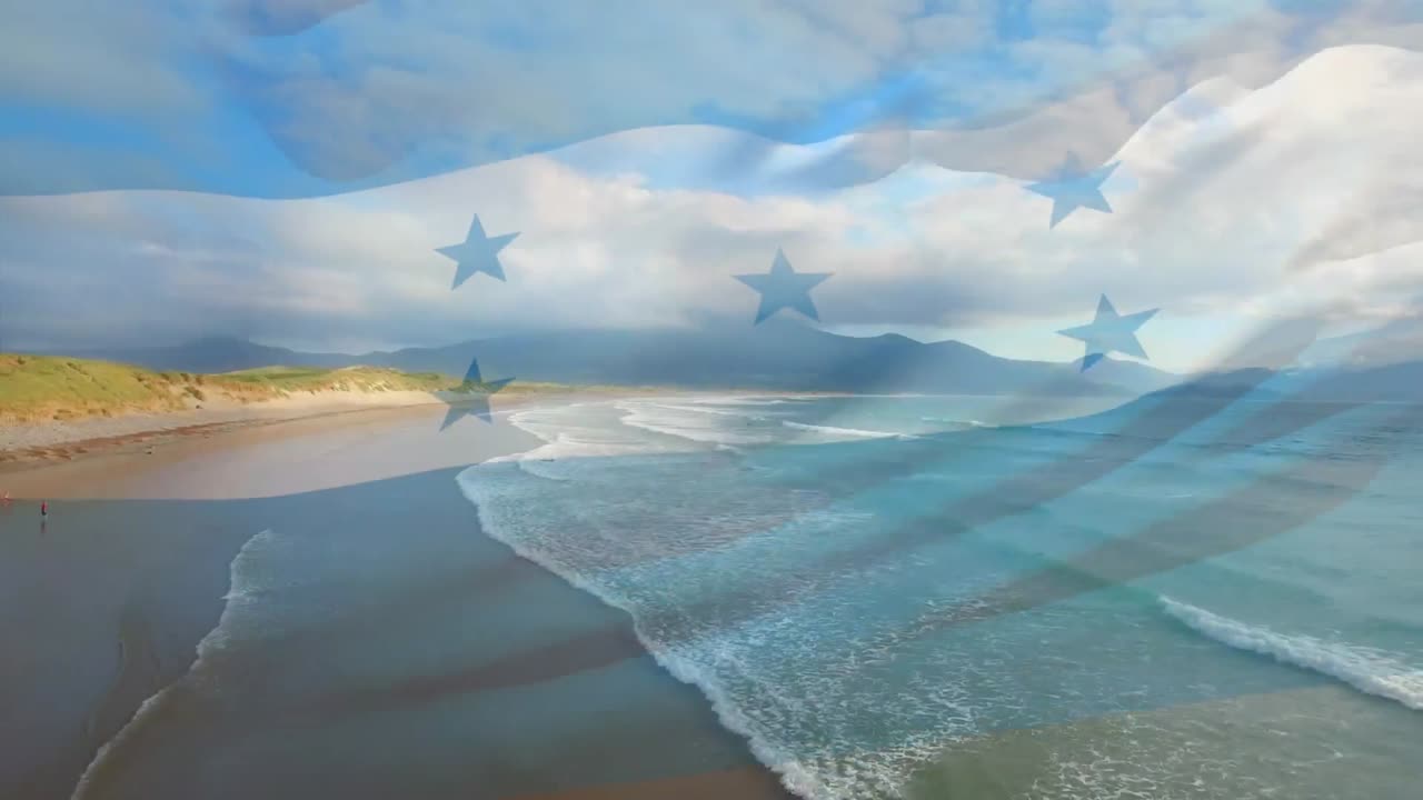 해변 풍경 위에 날아다니는 온두라스  ⁇ 발의 애니메이션