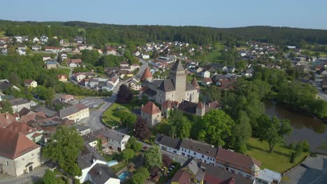 Beautiful-aerial-top-view-flight-Austria-Heidenreichstein-castle-in-Europe,-summer-of-2023